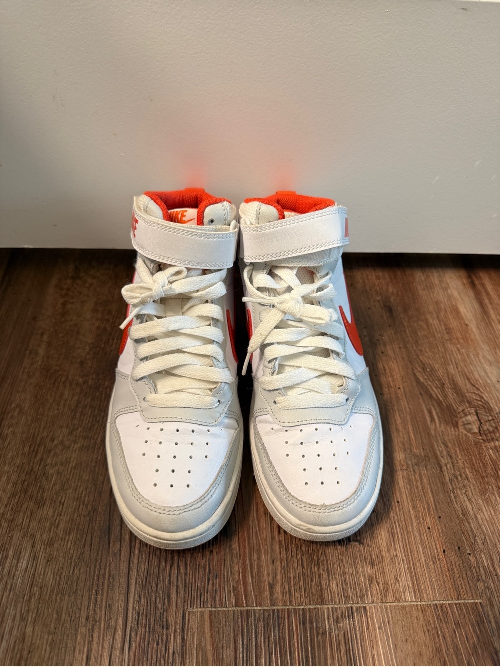 Nike Kids White and Orange, School Court Borough Mid 2 High-Top Sneakers